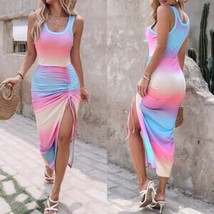 Chic Me Tank Bodycon Midi Dress M Pastel Ruched Side Rainbow Vacation Resortwear